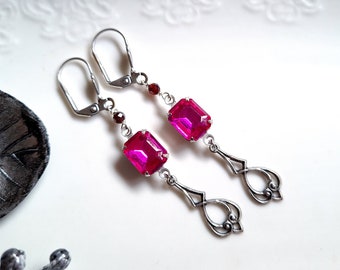 Ready to ship - Vintage silver earrings "Fuchsia Pendulum" pink red dark red fuchsia