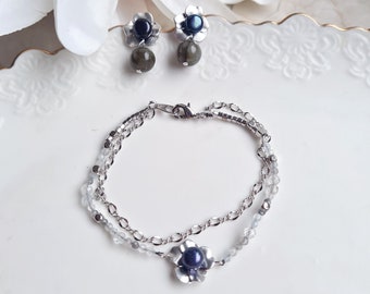 Jewelry set - bracelet and stud earrings matt silver plated "Blossoms of the Night" gray black white - labradorite topaz