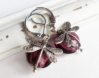 Ohrringe silber "Fliederlibellen" violett lila aubergine