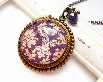 Halskette bronze "Damasktraum" violett beige Vintage - mit Motiv-Cabochon