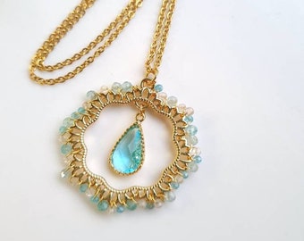 Necklace gold plated "ice flower" turquoise gold light blue blue white aqua aquamarine apatite