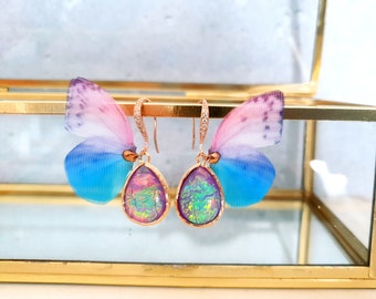 Earrings rose gold plated "Wings of a Butterfly" blue pink pink purple