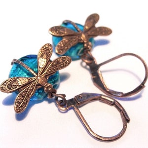 copper earrings Sea of Dragonflies turquoise blue image 1