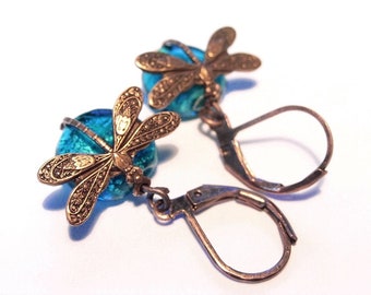 copper earrings "Sea of Dragonflies" turquoise blue