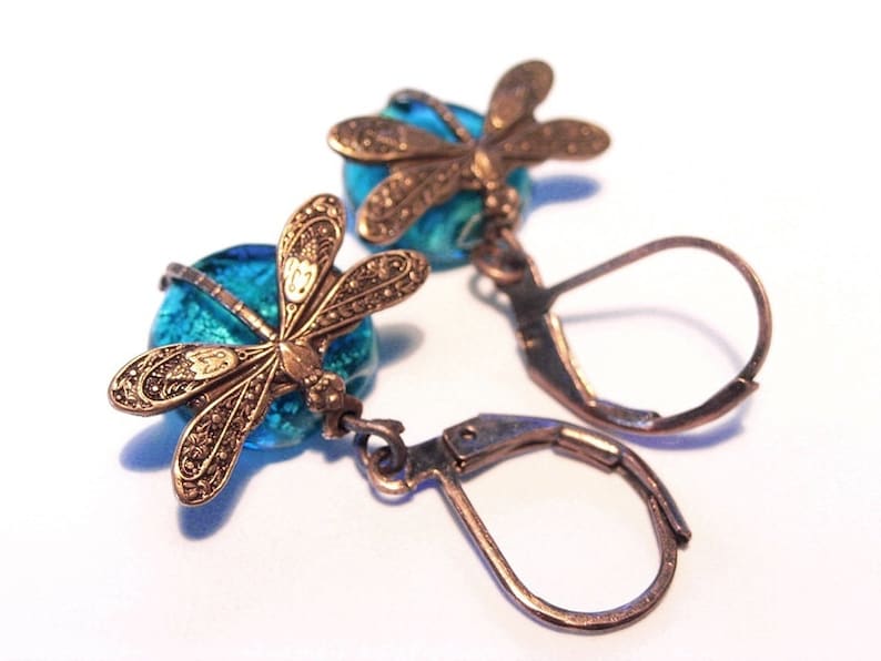 copper earrings Sea of Dragonflies turquoise blue image 1