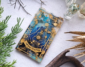 Ready to ship - Tarotkarte " The High Priestess " Tarot Karte blau gold türkis klar transparent - Dekoobjekt Untersetzer Coaster Altar