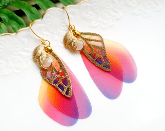 Earrings gold plated "Wings of a Butterfly" red orange yellow blue rainbow watercolor