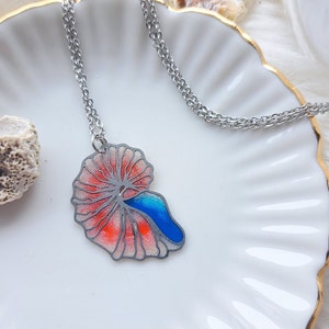 Könnte beinhalten: Eine silberfarbene Halskette mit einem Anhänger in Form einer Nautilusmuschel. Das Muscheldesign ist mit leuchtenden Farben wie Rot, Orange und Blau gefüllt. Die Halskette wird auf einem weißen, geriffelten Teller mit Goldrand präsentiert.