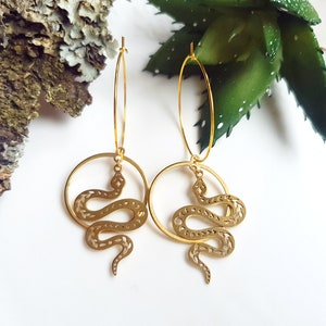 Könnte beinhalten: Goldfarbene Creolen mit einem Schlangenanhänger. Das Schlangendesign ist mit geätzten Mustern versehen. Die Ohrringe hängen an einem kreisförmigen Reifen. Der Schmuck wird vor einem weißen Hintergrund präsentiert.