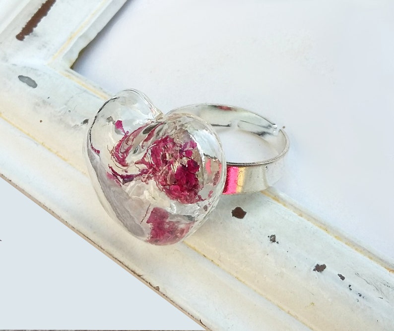 Ring silver plated Flowerheart dark pink fuchsia