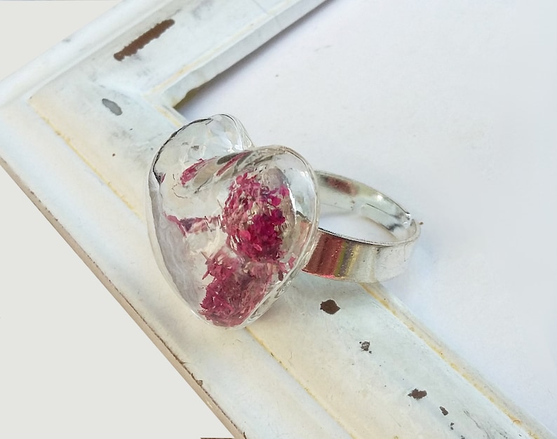 Ring silver plated Flowerheart dark pink fuchsia