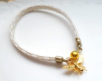 Armband Kunstlederarmband weiß gold "Bienensummen"