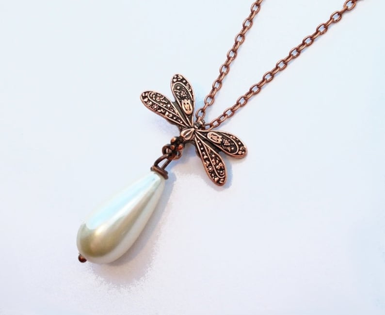 Necklace copper /' dragonfly drop /' cream white