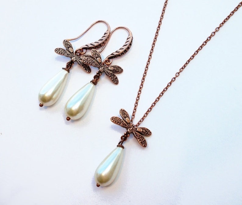 Necklace copper /' dragonfly drop /' cream white