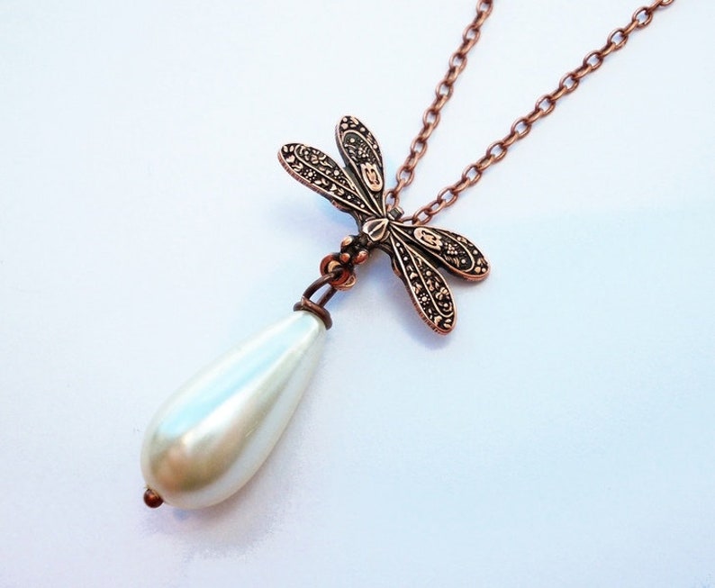 Necklace copper /' dragonfly drop /' cream white