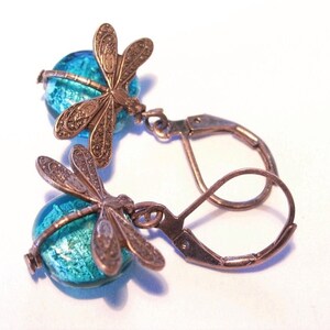 copper earrings Sea of Dragonflies turquoise blue image 2