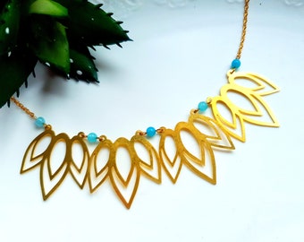 Ready to ship: Necklace necklace gold plated "Night Leaves" gold turquoise blue