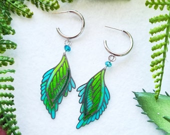 Ready to ship - earrings hoop earrings "Feather Leaves" green light green dark green olive green