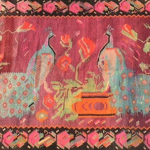 1930s Georgian Hand Woven Kilim Rug with Peacocks and Poppies