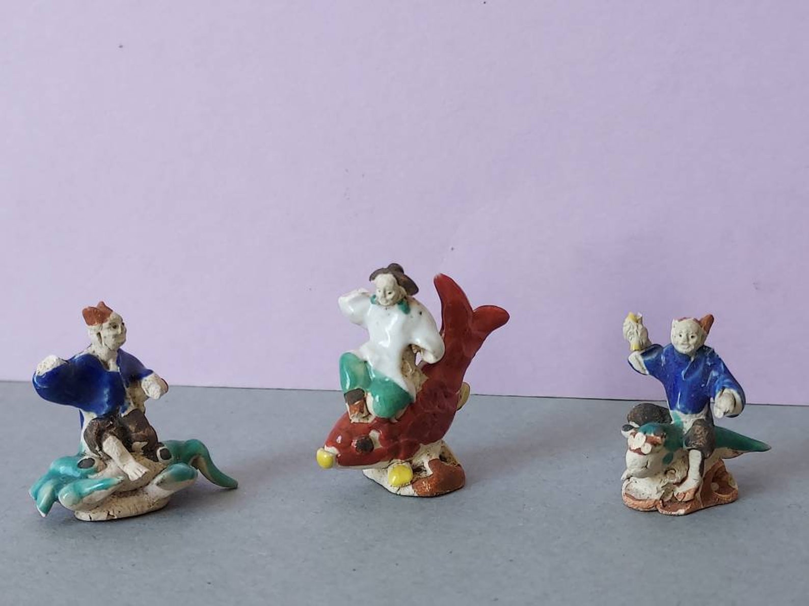 Antique Miniature Chinese Clay Figures Riding Sea Creatures Etsy
