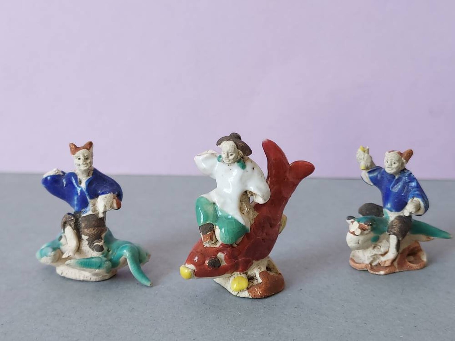 Antique Miniature Chinese Clay Figures Riding Sea Creatures Etsy