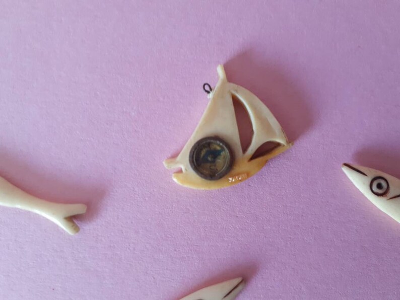 Tiny Compass Ship Charm and Bone Fish Counters