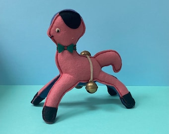 Vintage Pink Felt Dog with Bells