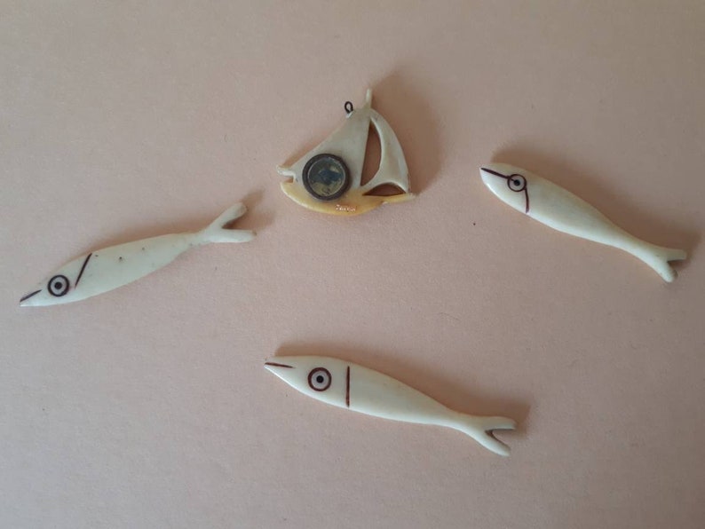 Tiny Compass Ship Charm and Bone Fish Counters