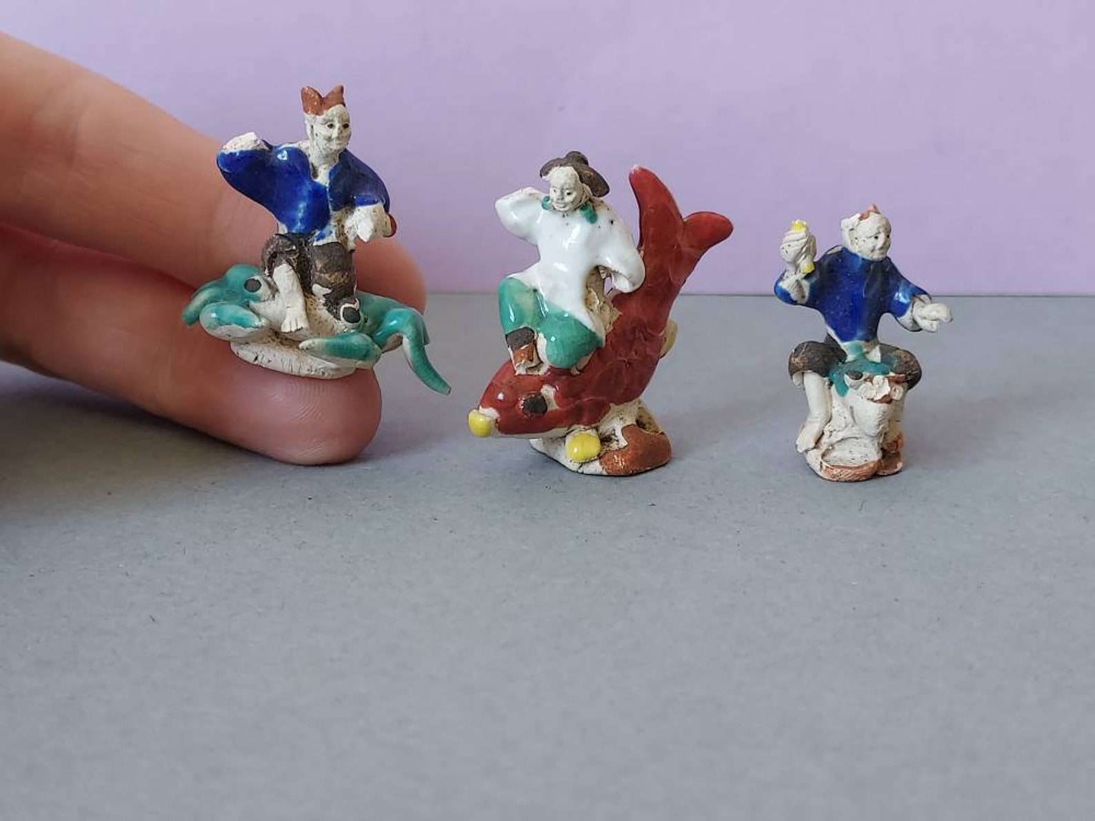 Antique Miniature Chinese Clay Figures Riding Sea Creatures Etsy