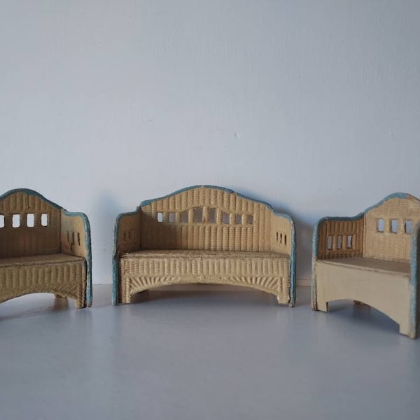 Antique Korbi Karl Schreiter  Pressed Paper ‘Wicker’ Chairs for Dolls’ House