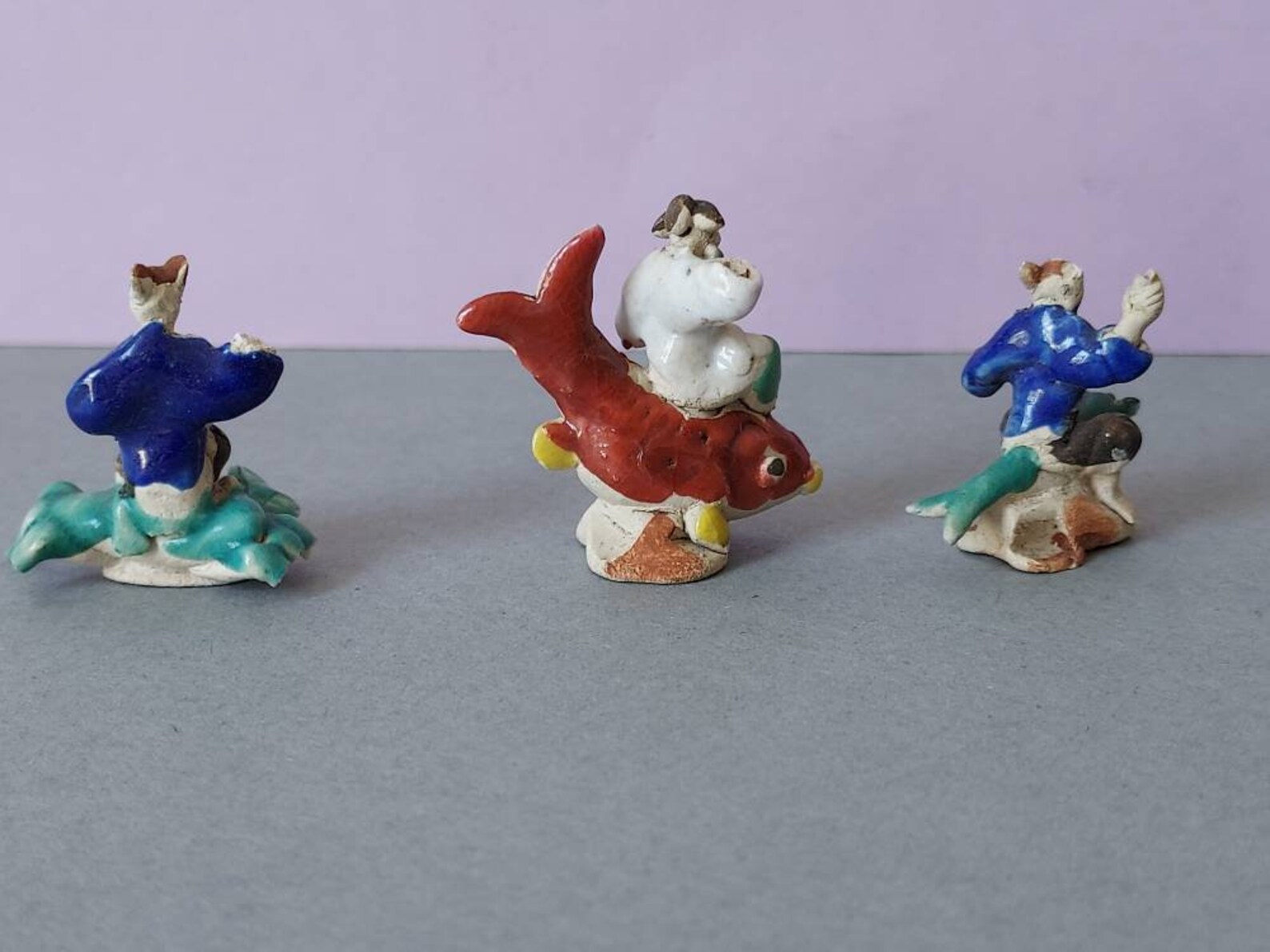 Antique Miniature Chinese Clay Figures Riding Sea Creatures Etsy