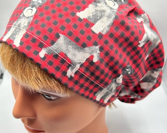 Schnauzer Red Black Buffalo Check | EURO (Med/Long Hair) or SKULL (Short Hair) Style Surgical Scrub Caps | Nurse | Doctor | Vet | Scrub Caps
