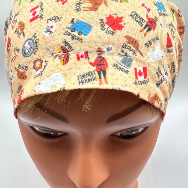 CANADA Euro or Skull Scrub Caps, Handmade, Canadian, July 1, Canada Day, Beige with Multi Canadian symbols, Medical Scrub Cap, Mountie, RCMP