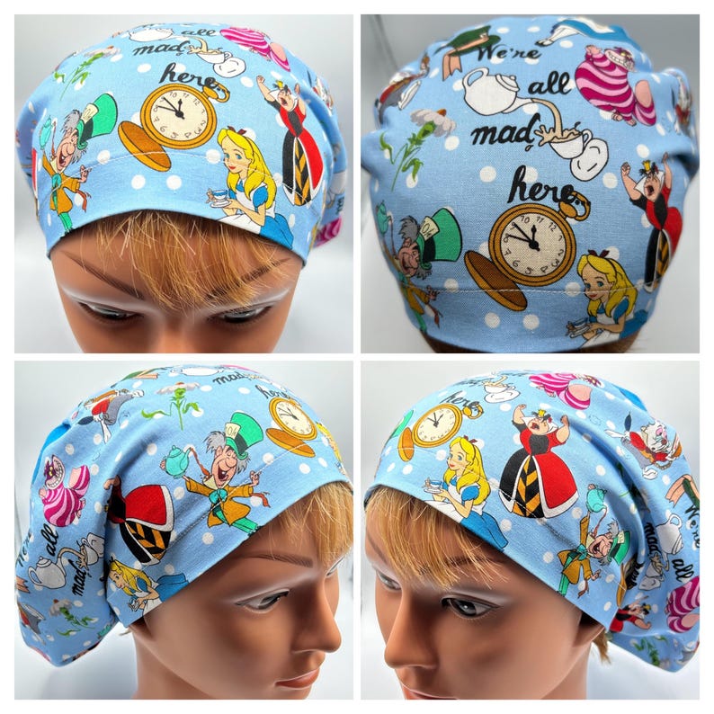 May include: Blue surgical scrub hat with a white polka dot pattern and a colorful Alice in Wonderland print featuring characters like the Mad Hatter, the Queen of Hearts, and Alice. The hat has the text "We're all mad here" printed on it.