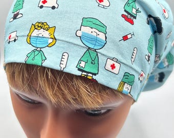 Surgical Scrub Cap, BLUE in Scrubs, EURO (Med/Long Hair), XL Euro (Long/Thick Hair), Skull Scrub Cap (Short Hair), Doctor, Nurse, Scrub Caps