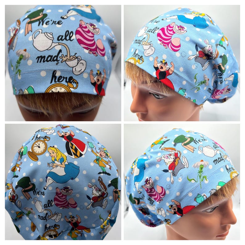 May include: Blue surgical scrub hat with a white polka dot pattern and colorful Alice in Wonderland characters. The hat features the text "We're all mad here".