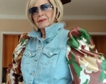 Jean Jacket with Camo sleeves, Camo Jacket, Embellished Denim, Cropped Denim Jean Jacket, Boho Silk Sleeves, Military Chic, Trendy Camo