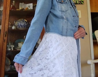 Denim Duster Jean Jacket, White Lace insert, Bride jacket, Mrs. Jean jacket, Embellished jean jacket, Boho jacket, Distressed jean jacket