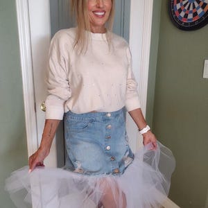 Denim Tulle Skirt, Tulle Skirt, Faded Denim skirt with Tulle, Ruffled Denim Skirt, Boho Denim Mini Skirt, Jean Skirt with Tulle, Tulle Skirt