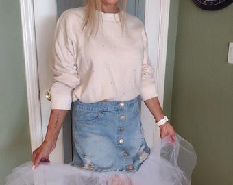 Denim Tulle Skirt, Tulle Skirt, Faded Denim skirt with Tulle, Ruffled Denim Skirt, Boho Denim Mini Skirt, Jean Skirt with Tulle, Tulle Skirt