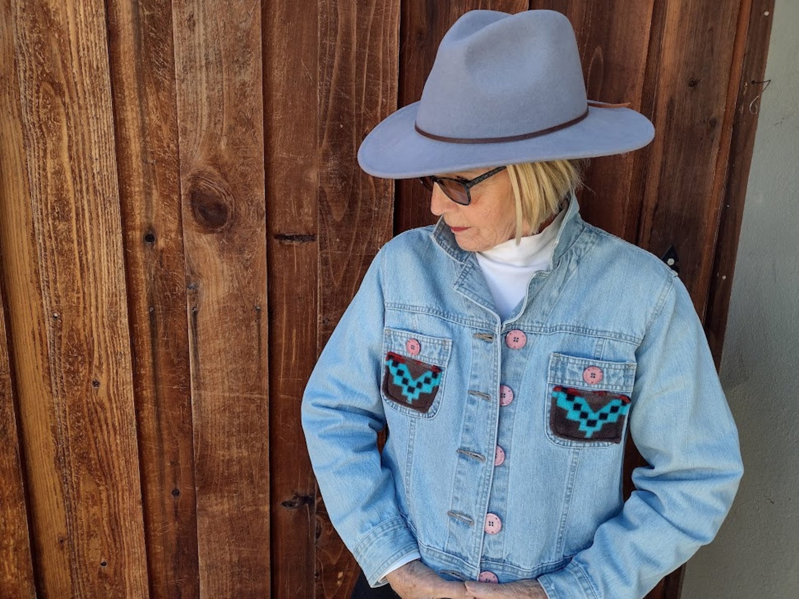 Fringe-Trim Wrap Jacket with Desert Landscape Motif - Blue main image 1