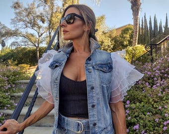 Puff Sleeves Jean jacket vest, Cropped Denim vest, Ruffled Mesh Sleeves, Denim Vest Puff Sleeves, Denim Jacket vest