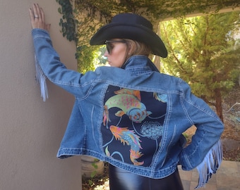 Denim Boho Jacket, Fringe Denim Jacket, Western Cowgirl Fringe Jacket, Embellished Chic Western Jacket, Denim jacket, Boyfriend jacket,