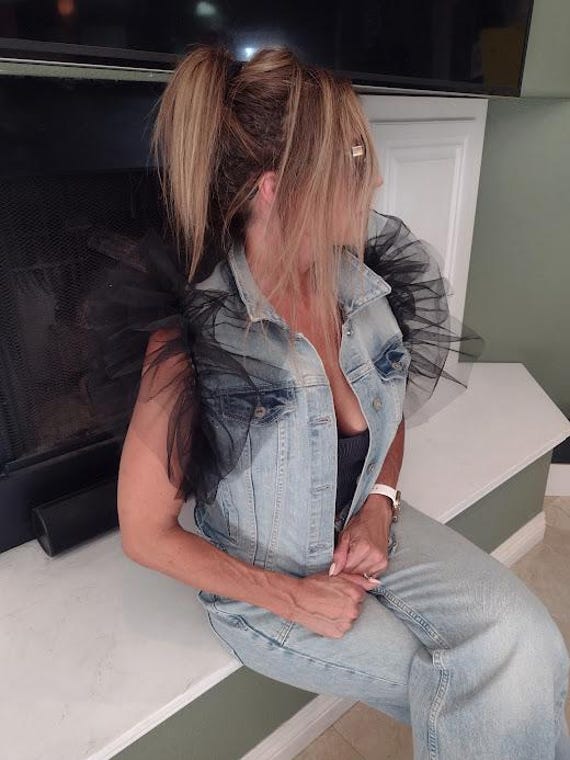 Ruffled Denim Top, Tulle Jean Top, Jean Vest, Black Tulle Top