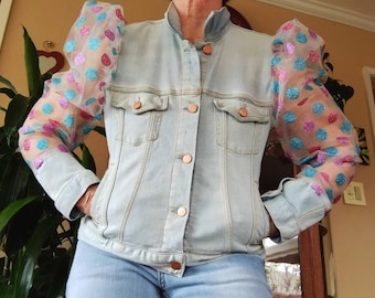 Denim jacket,  Jean jacket, Puff Sleeves, Faded jacket, Upcycled, Boho, Upscale Jacket,  Embellished denim, Iridescent, Unique jacket