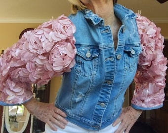 Jean jacket with puff sleeves, Pink sleeves, Upcycled  Denim, Boho jacket, Embellished Denim, Unique Denim, Bridal shower jacket, 2025 trend