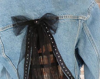 Denim Jacket, Tulle Bow Detail, Open Tulle Back, Black Tulle Jacket, Cropped Jean Jacket, Tulle Jean Top, Party Jacket, Bachelorette Top