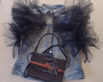 Ruffled Denim top, Tulle jean top, Jean vest, Black tulle top, Party jacket, Concert jacket, Bachelorette top, Denim vest, Bohemian vest