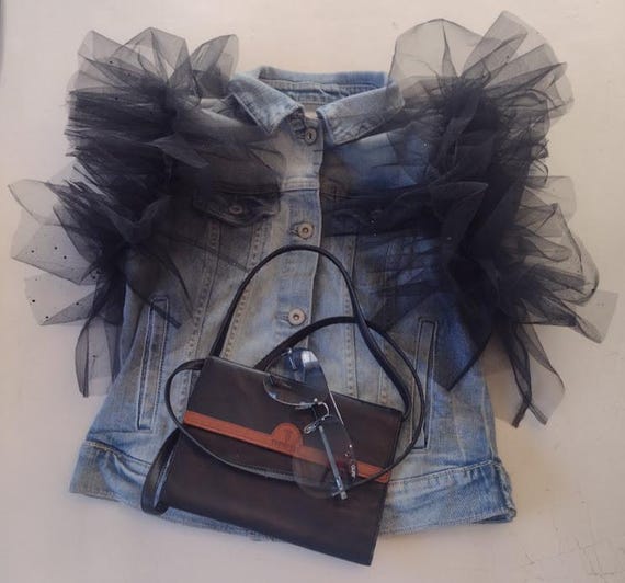 Ruffled Denim Top, Tulle Jean Top, Jean Vest, Black Tulle Top