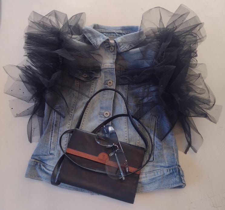 Ruffled Denim Top, Tulle Jean Top, Jean Vest, Black Tulle Top